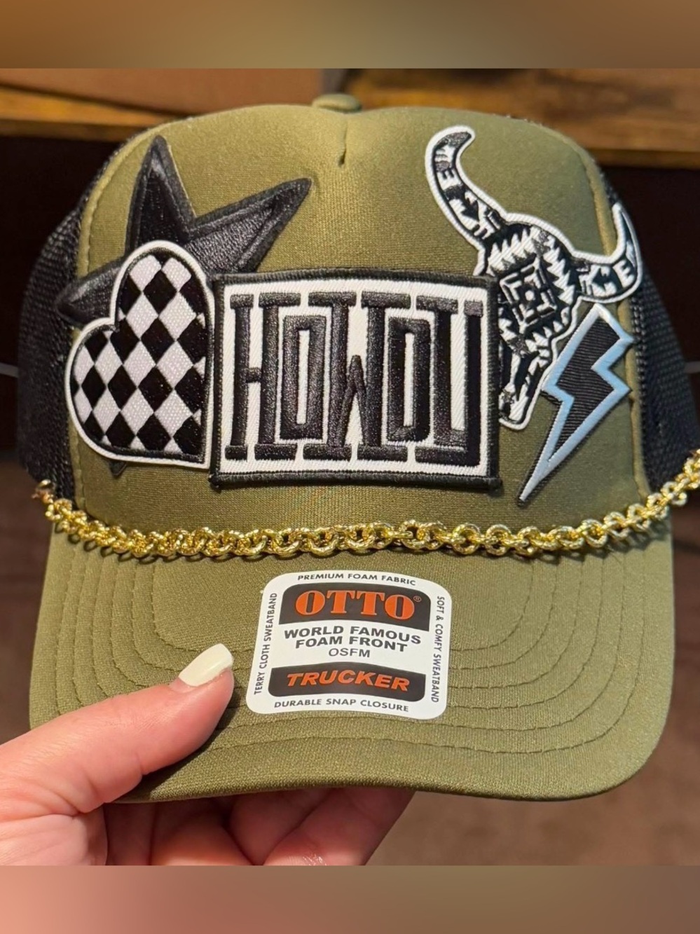 OTTO Olive Green Trucker Hat with Black, White & Blue Patches and Gold Chain